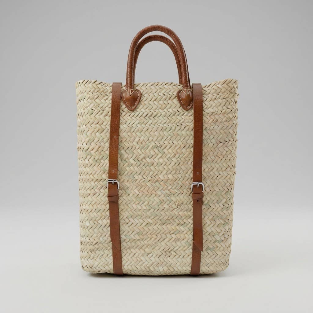 Woven Straw Backpack blue Leather Straps Boho Summer Bag