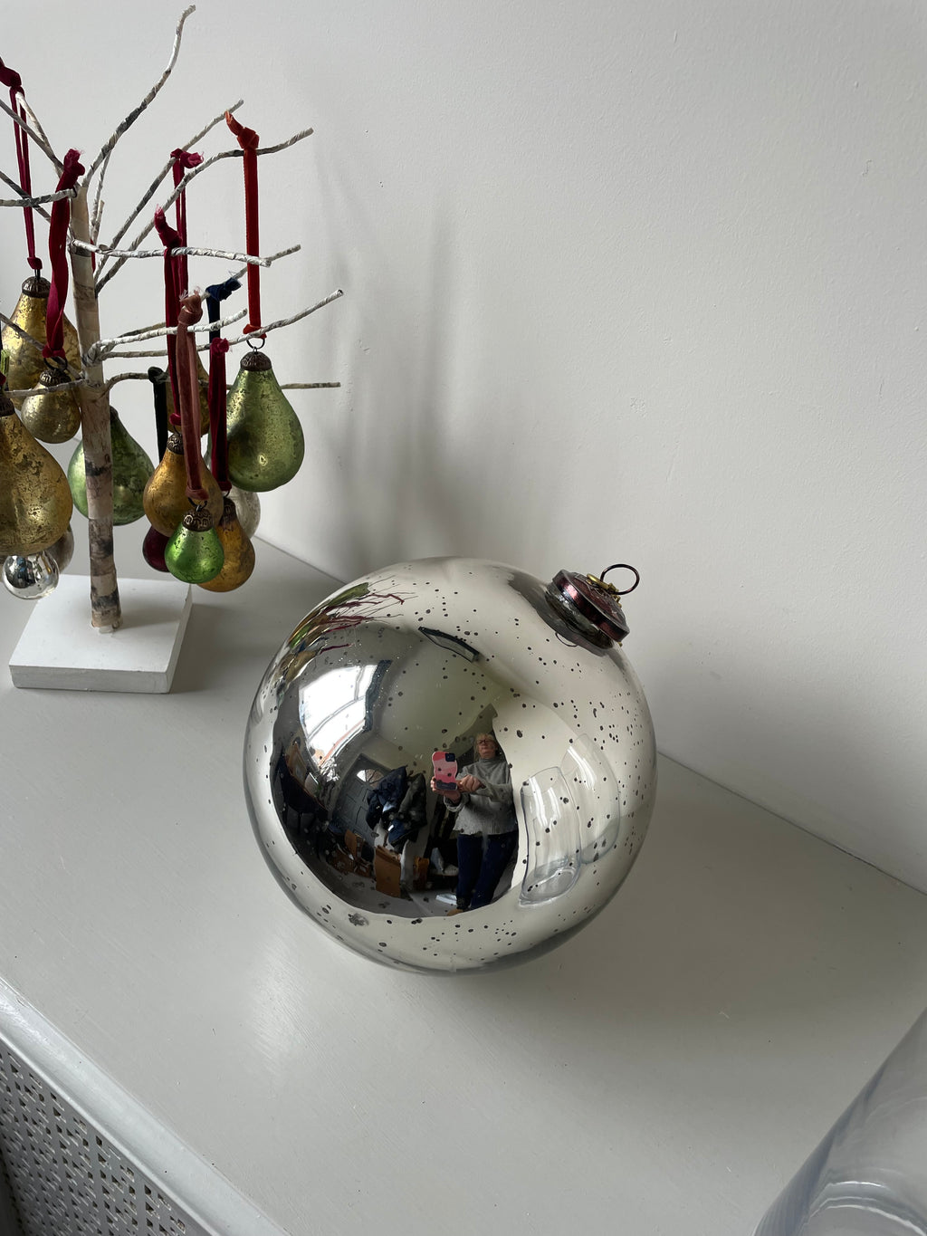 XL Vintage Glass Bauble Antique Silver