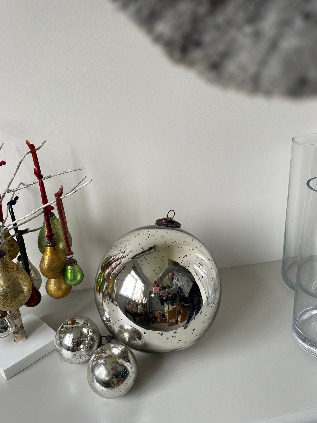 XL Vintage Glass Bauble Antique Silver