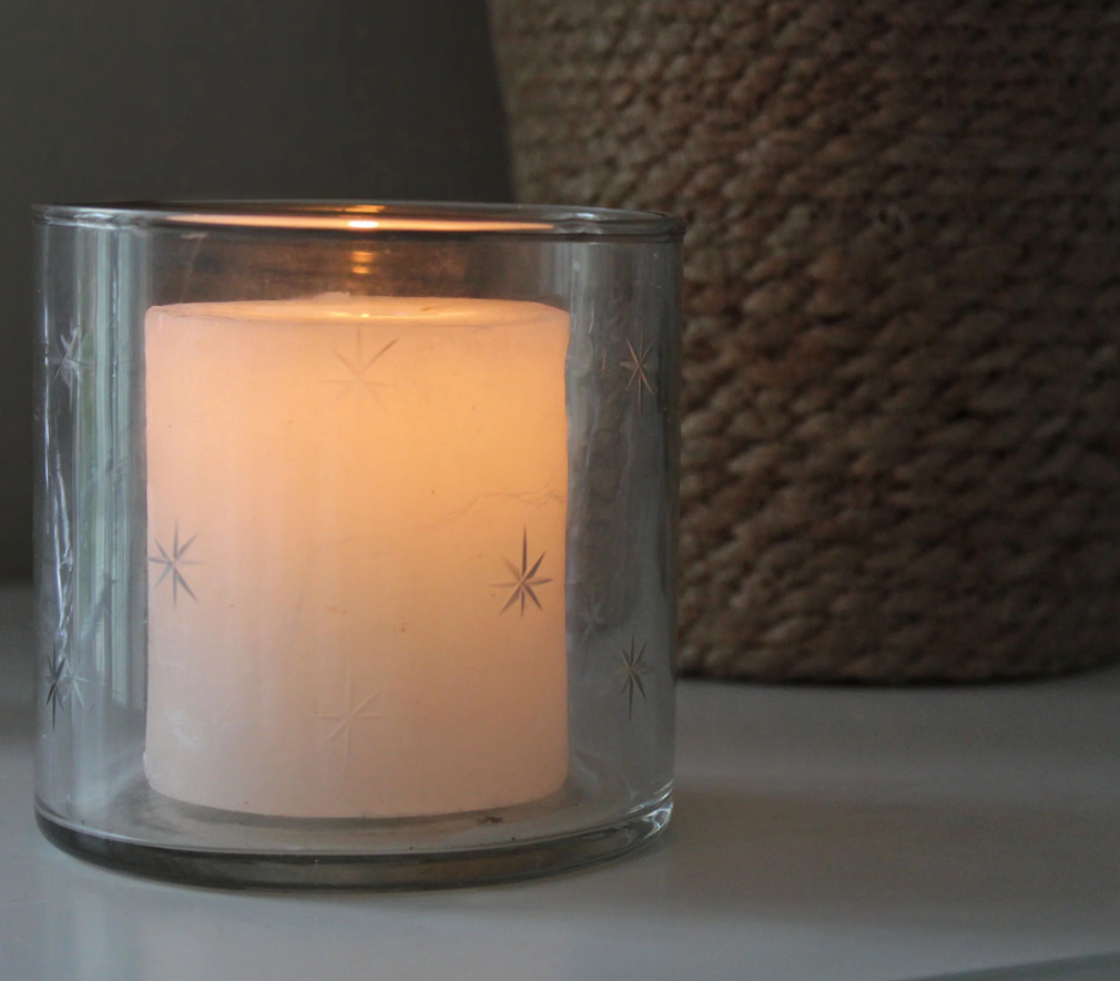 Small Etched Stars Glass Hurricane Lamp