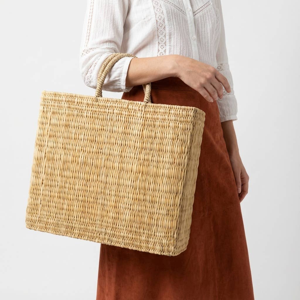 Natural Woven Reed Market Basket Tote - Boho Beach Style