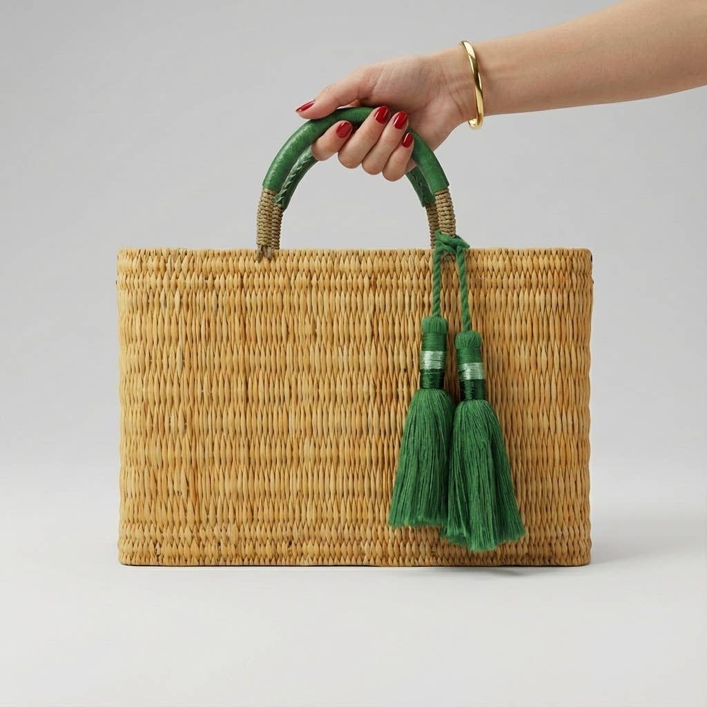 Woven Reed Market Basket - Leather Handles & Tassels