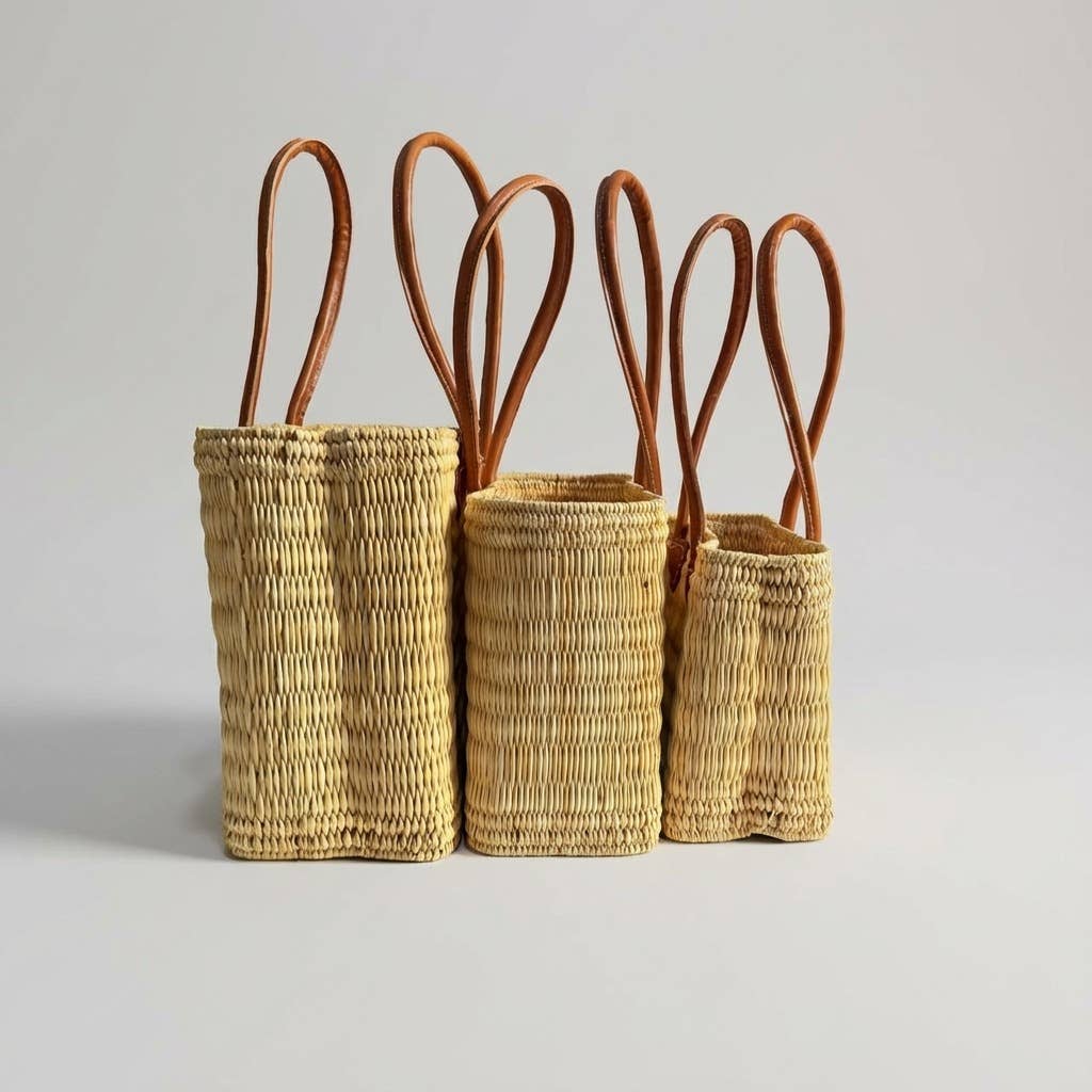 Reed Market Basket Leather Handles - Natural Woven Tote Bag
