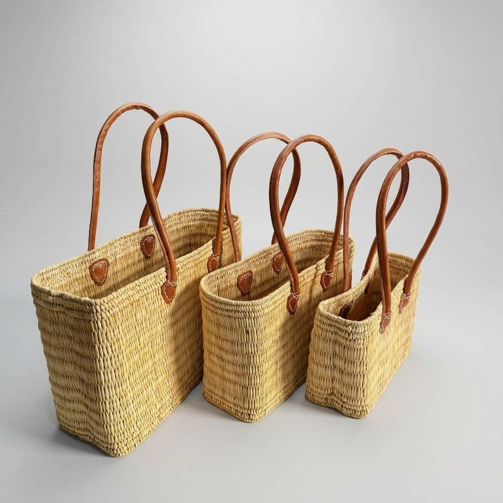 Reed Market Basket Leather Handles - Natural Woven Tote Bag