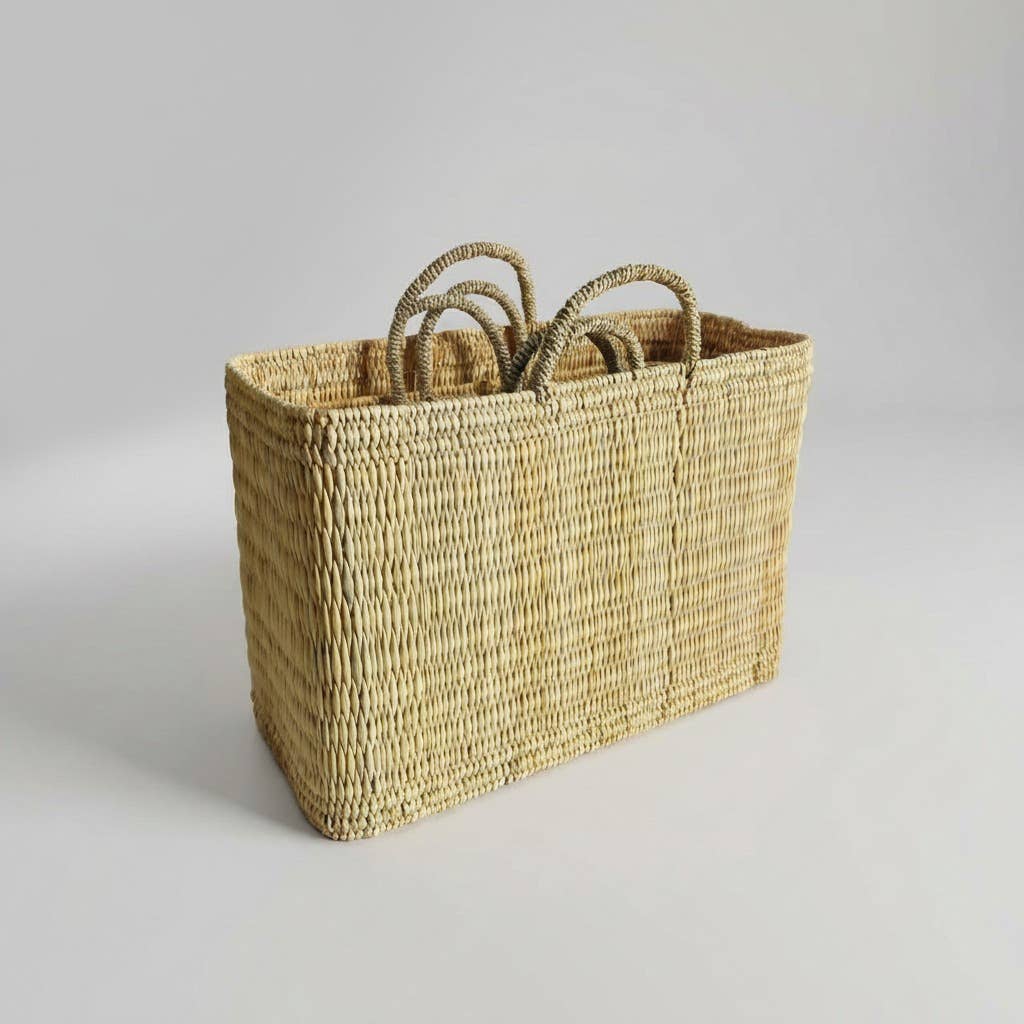Natural Woven Reed Market Basket Tote - Boho Beach Style