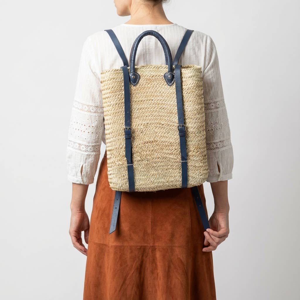 Woven Straw Backpack blue Leather Straps Boho Summer Bag