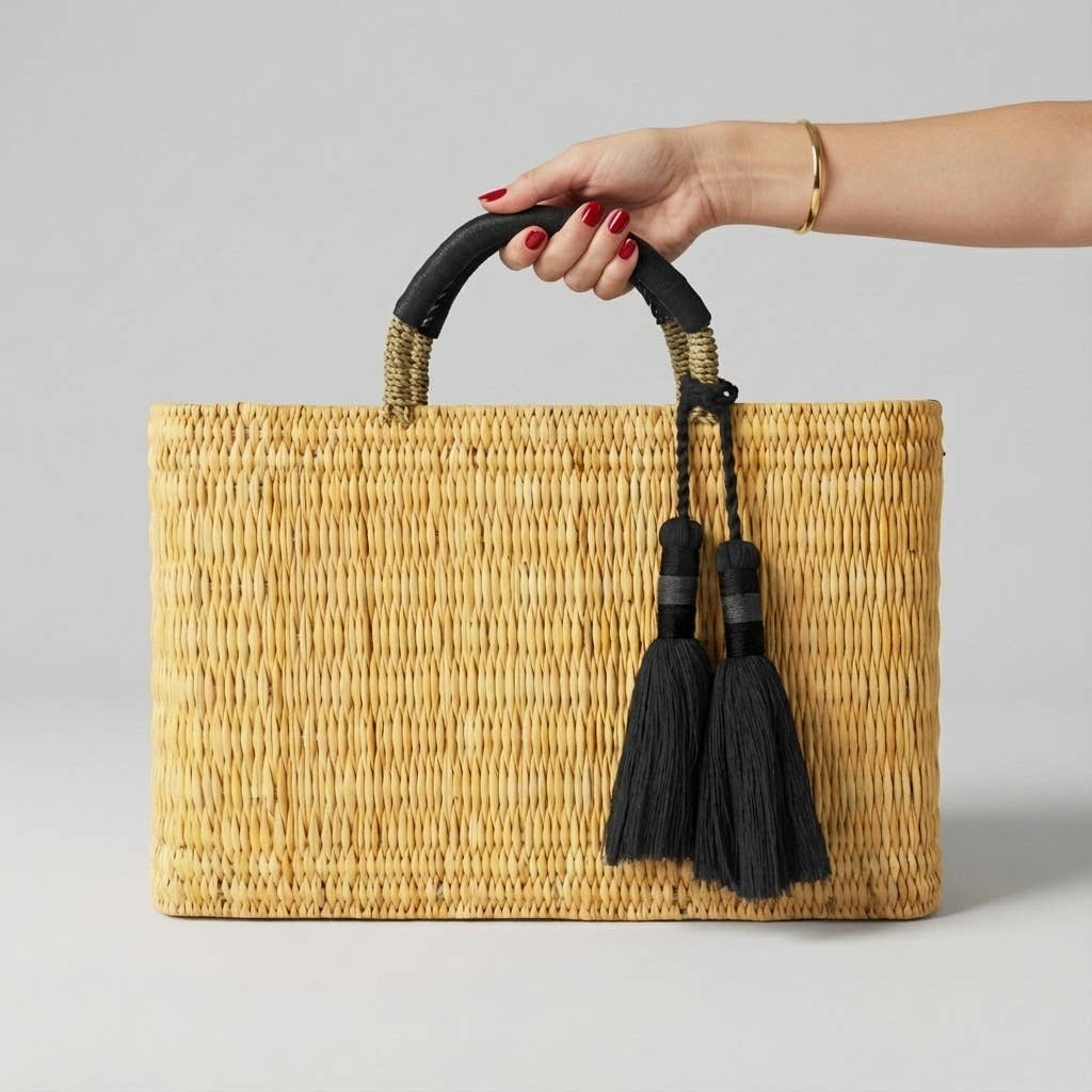 Natural Reed Tote Bag with Brown Tassels | Bohemian Handbag
