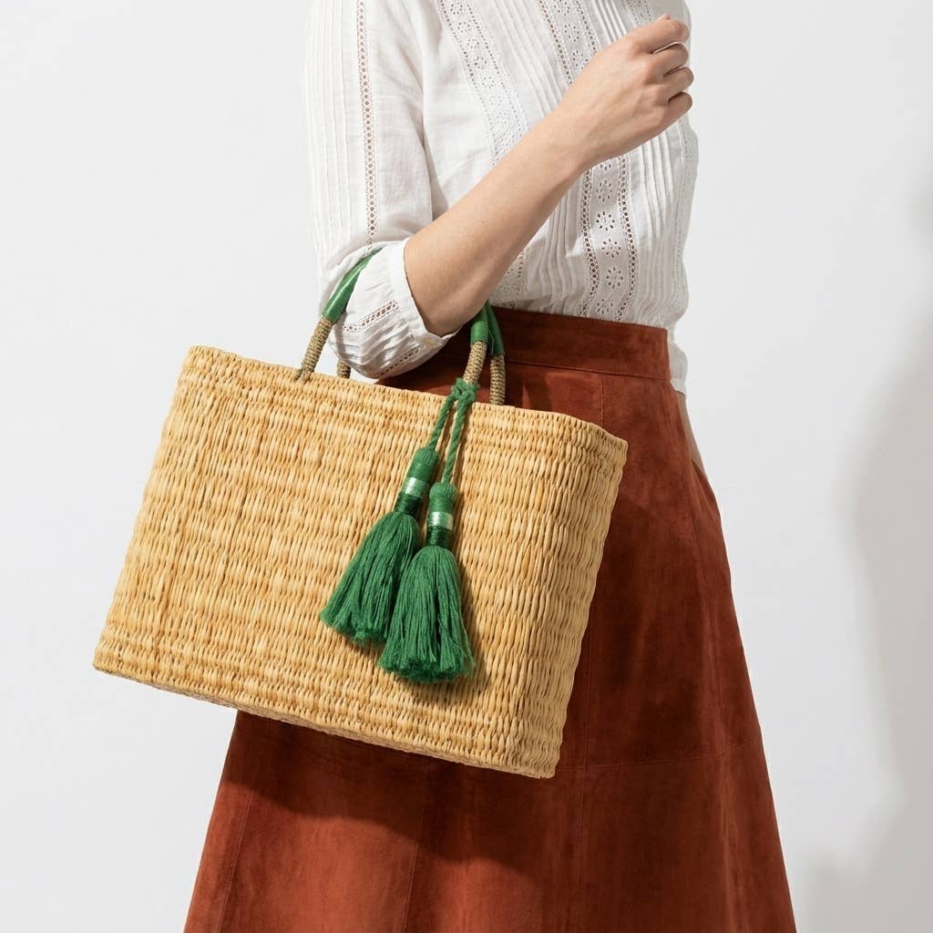 Woven Reed Market Basket - Leather Handles & Tassels