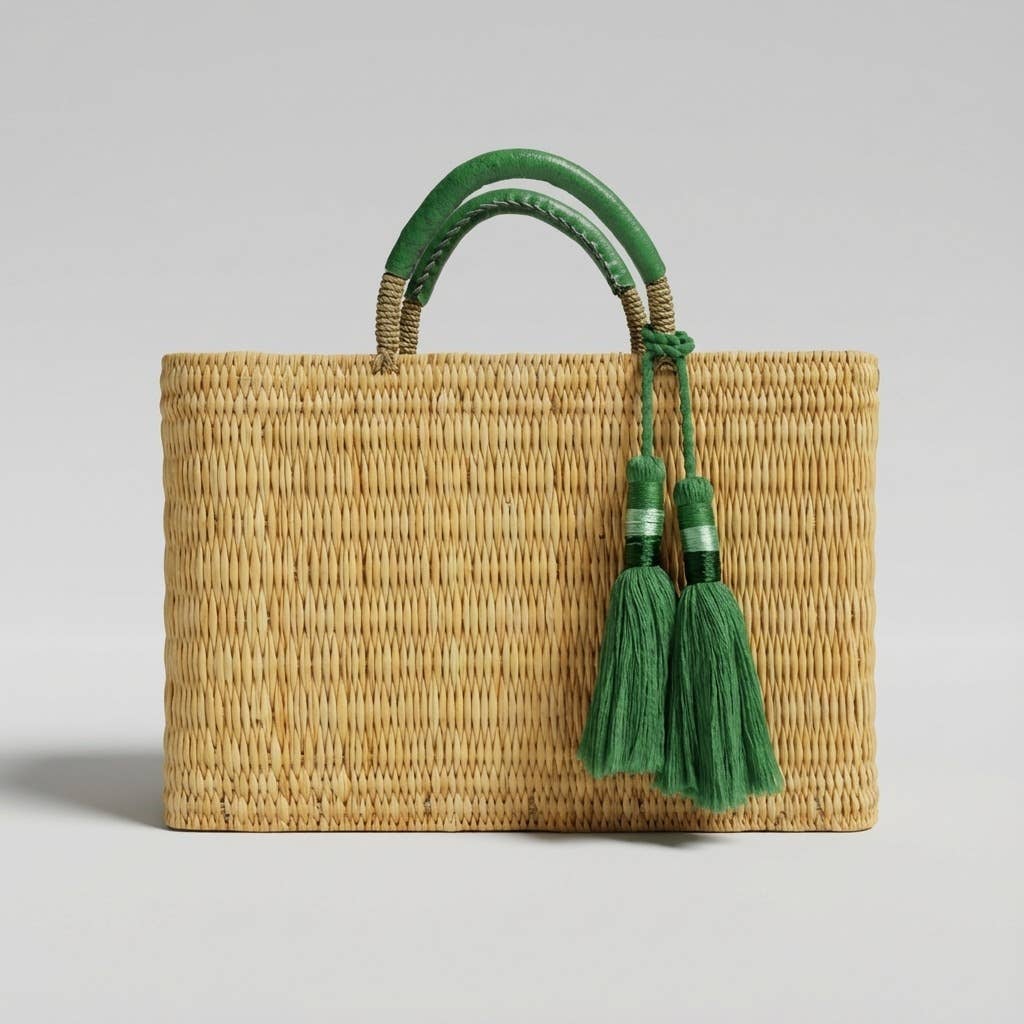 Natural Reed Tote Bag with Brown Tassels | Bohemian Handbag
