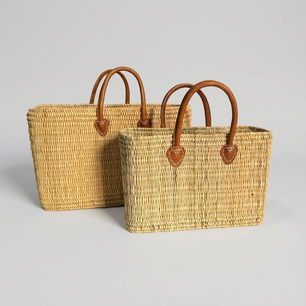 Reed Market Basket Leather Handles - Natural Woven Tote Bag