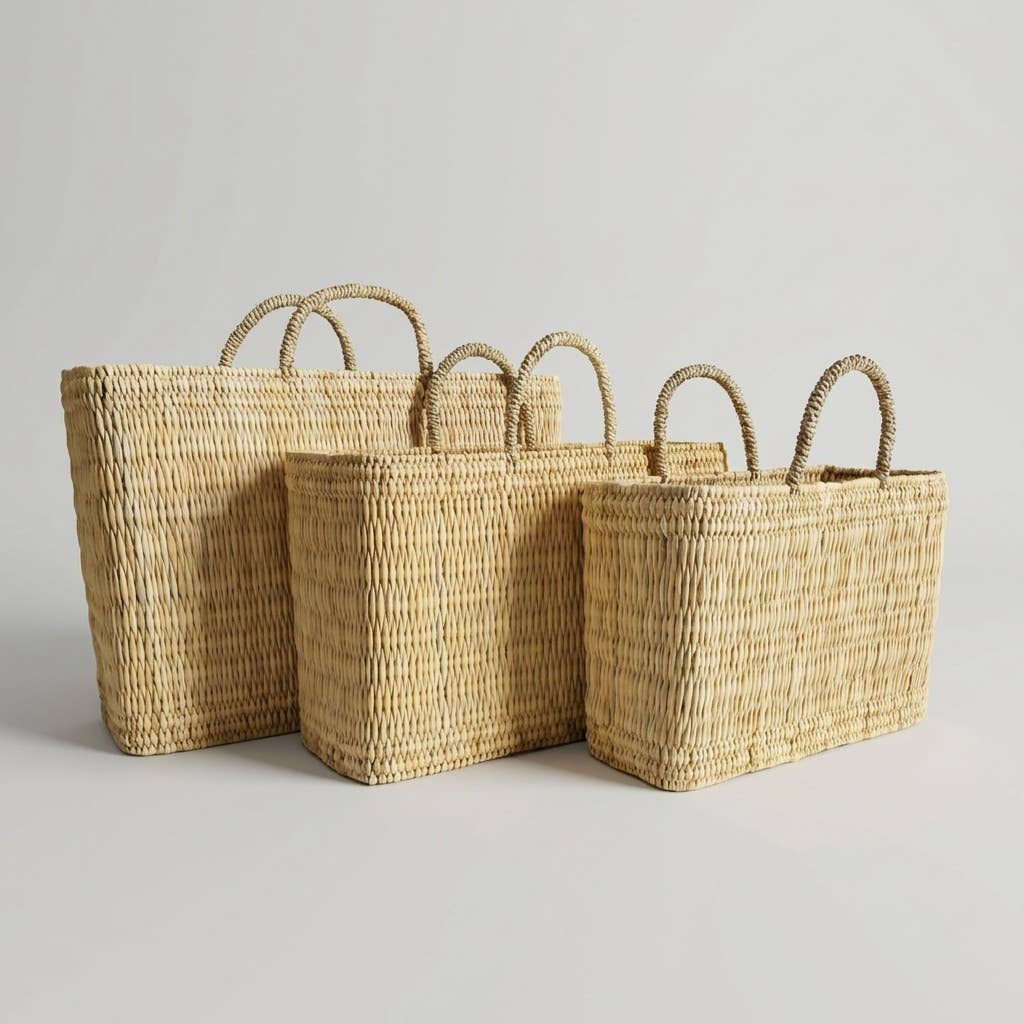 Natural Woven Reed Market Basket Tote - Boho Beach Style
