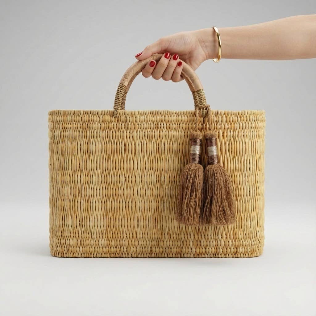 Woven Reed Market Basket - Leather Handles & Tassels