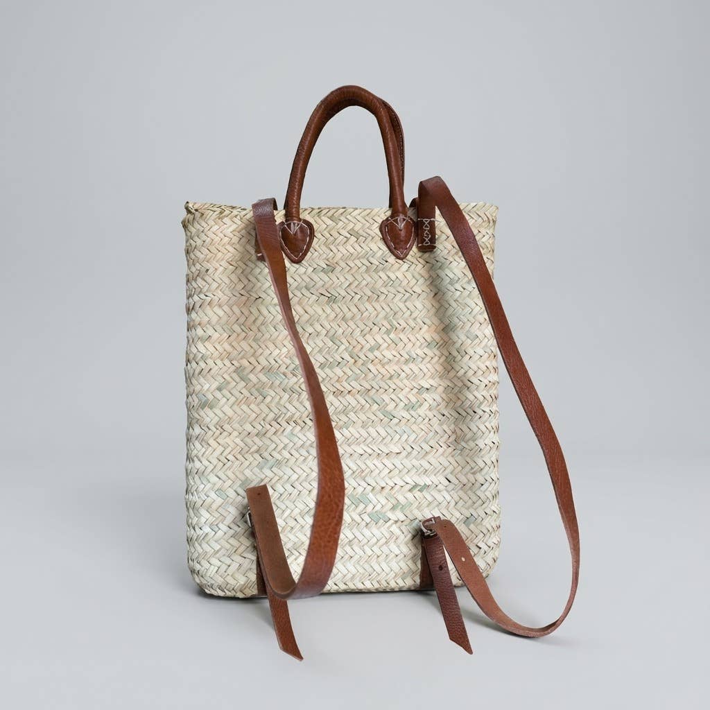 Woven Straw Backpack blue Leather Straps Boho Summer Bag