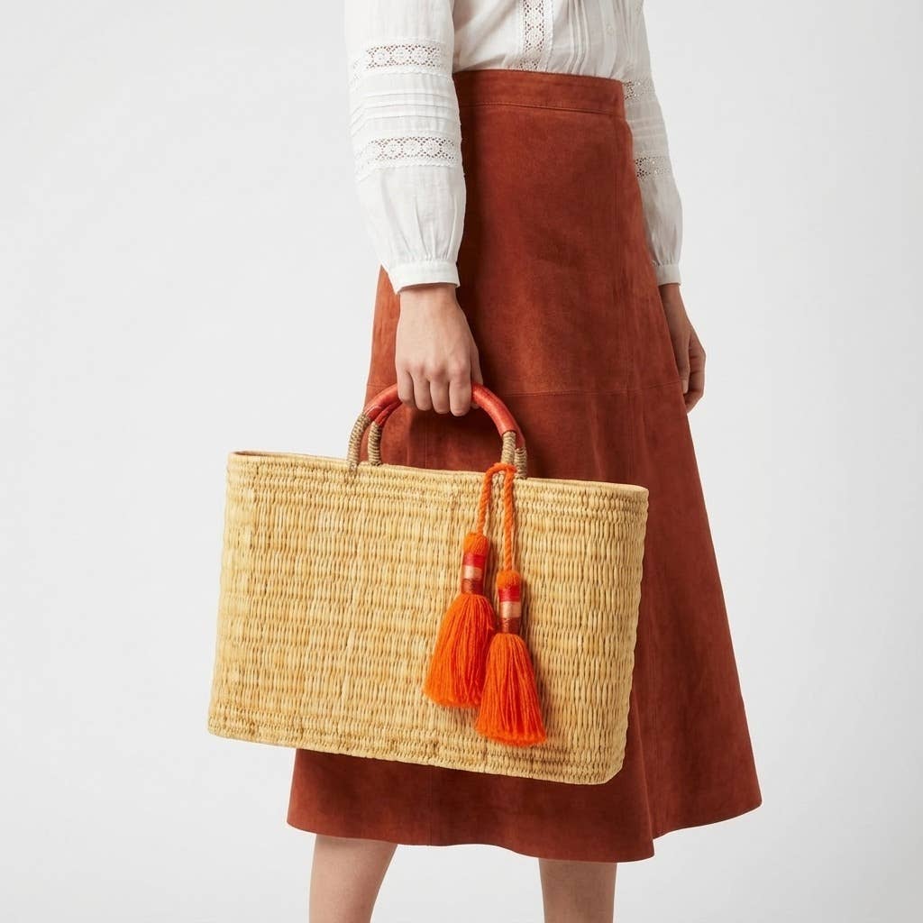 Natural Reed Tote Bag with Brown Tassels | Bohemian Handbag