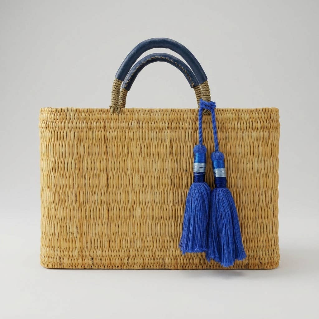 Natural Reed Tote Bag with Brown Tassels | Bohemian Handbag