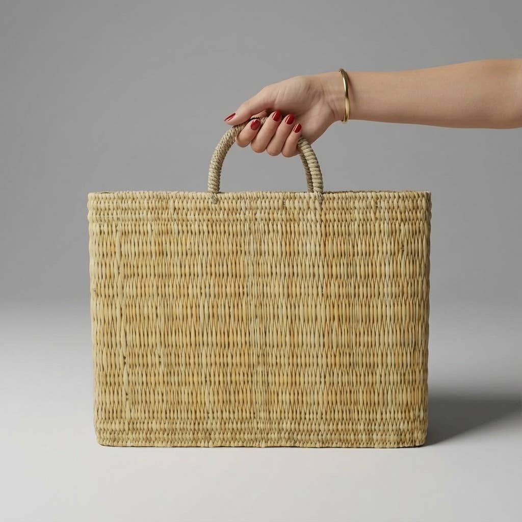 Natural Woven Reed Market Basket Tote - Boho Beach Style