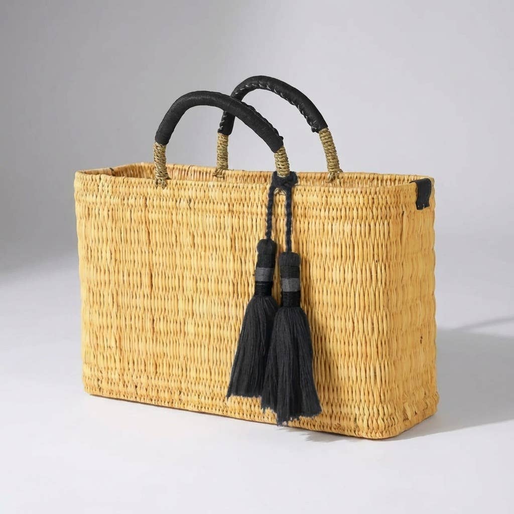 Natural Reed Tote Bag with Brown Tassels | Bohemian Handbag