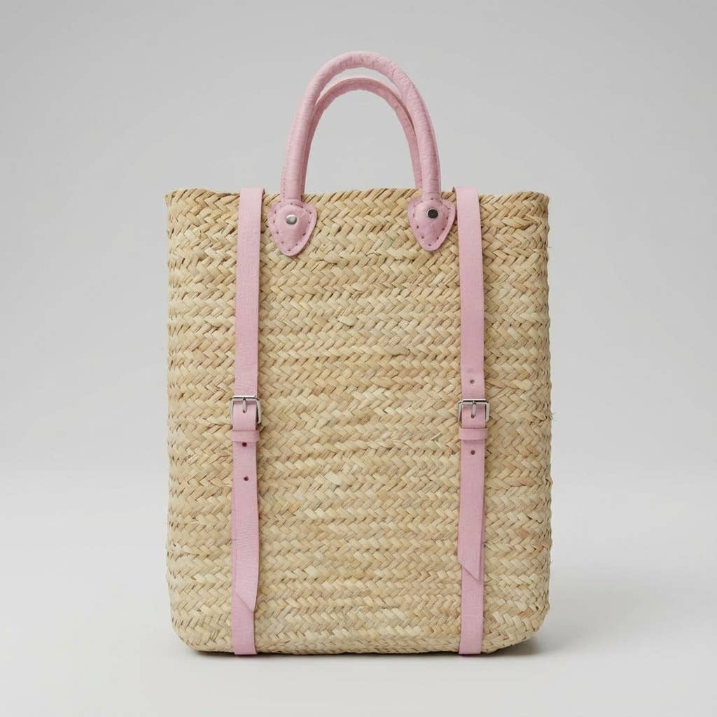 Woven Straw Backpack blue Leather Straps Boho Summer Bag
