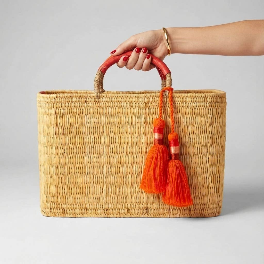 Natural Reed Tote Bag with Brown Tassels | Bohemian Handbag