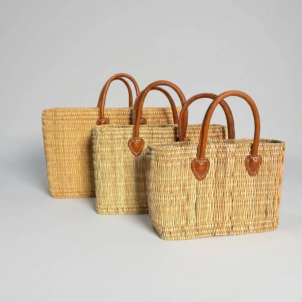 Reed Market Basket Leather Handles - Natural Woven Tote Bag