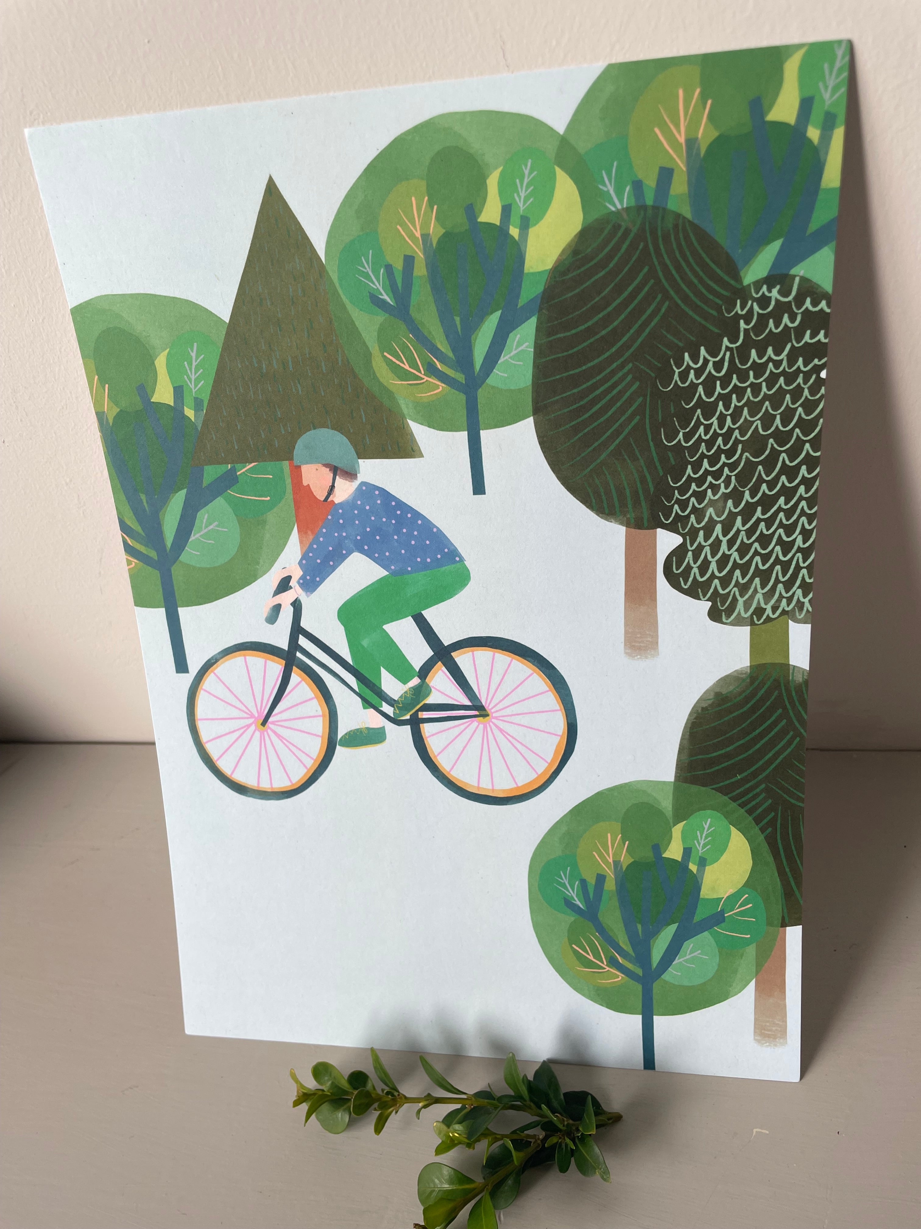 Plewsy Bike in a Forest A4 Print – Sustainable British Wall Art | Stationery