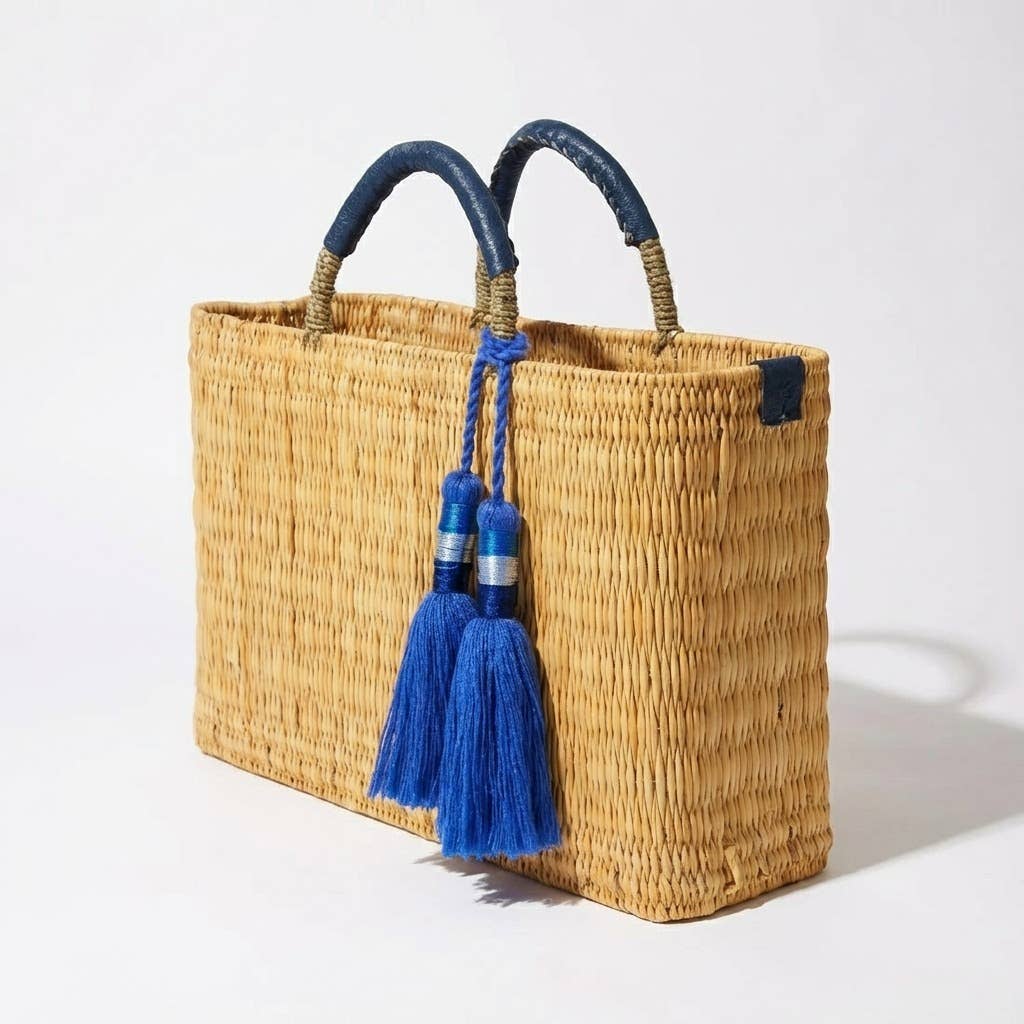 Natural Reed Tote Bag with Brown Tassels | Bohemian Handbag