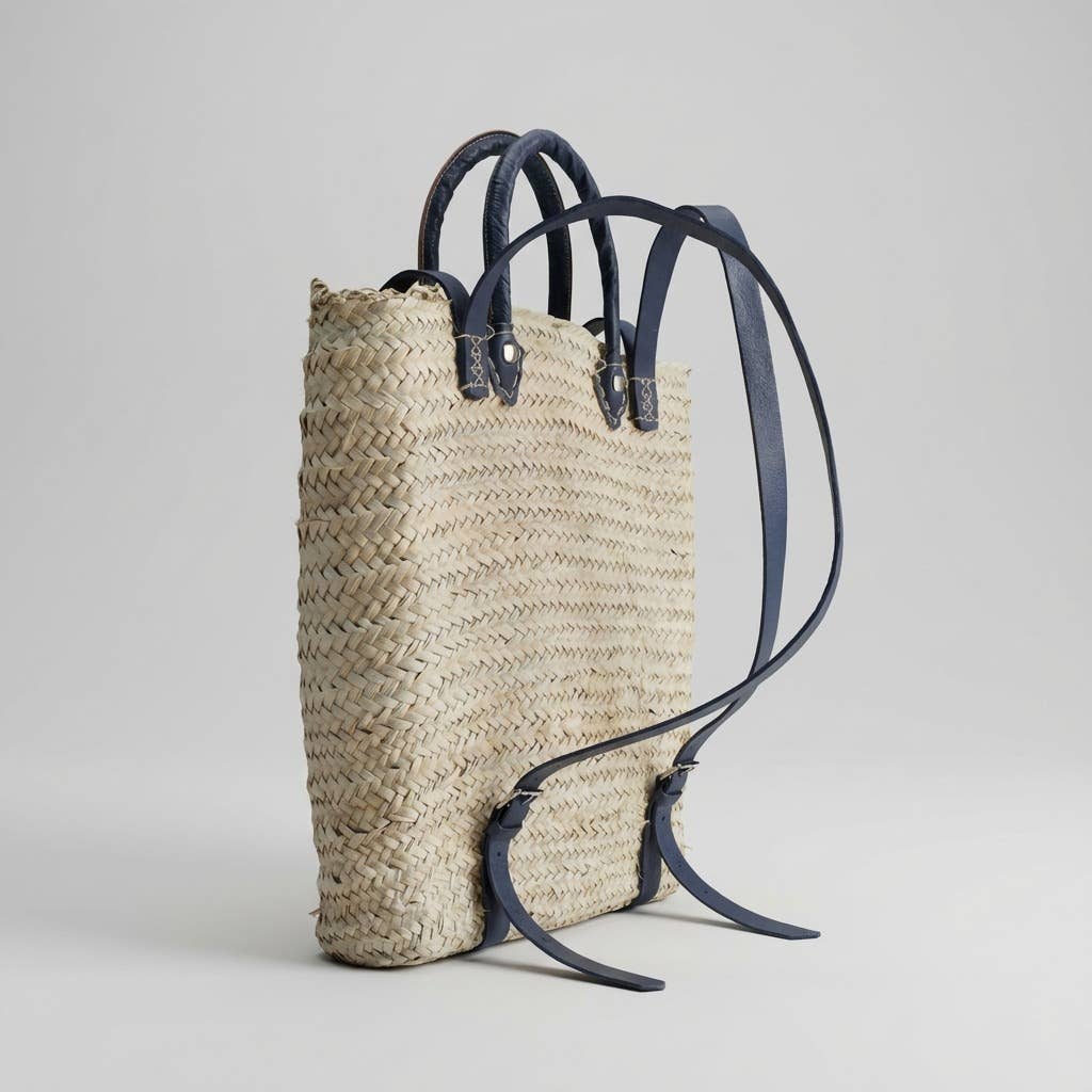 Woven Straw Backpack blue Leather Straps Boho Summer Bag