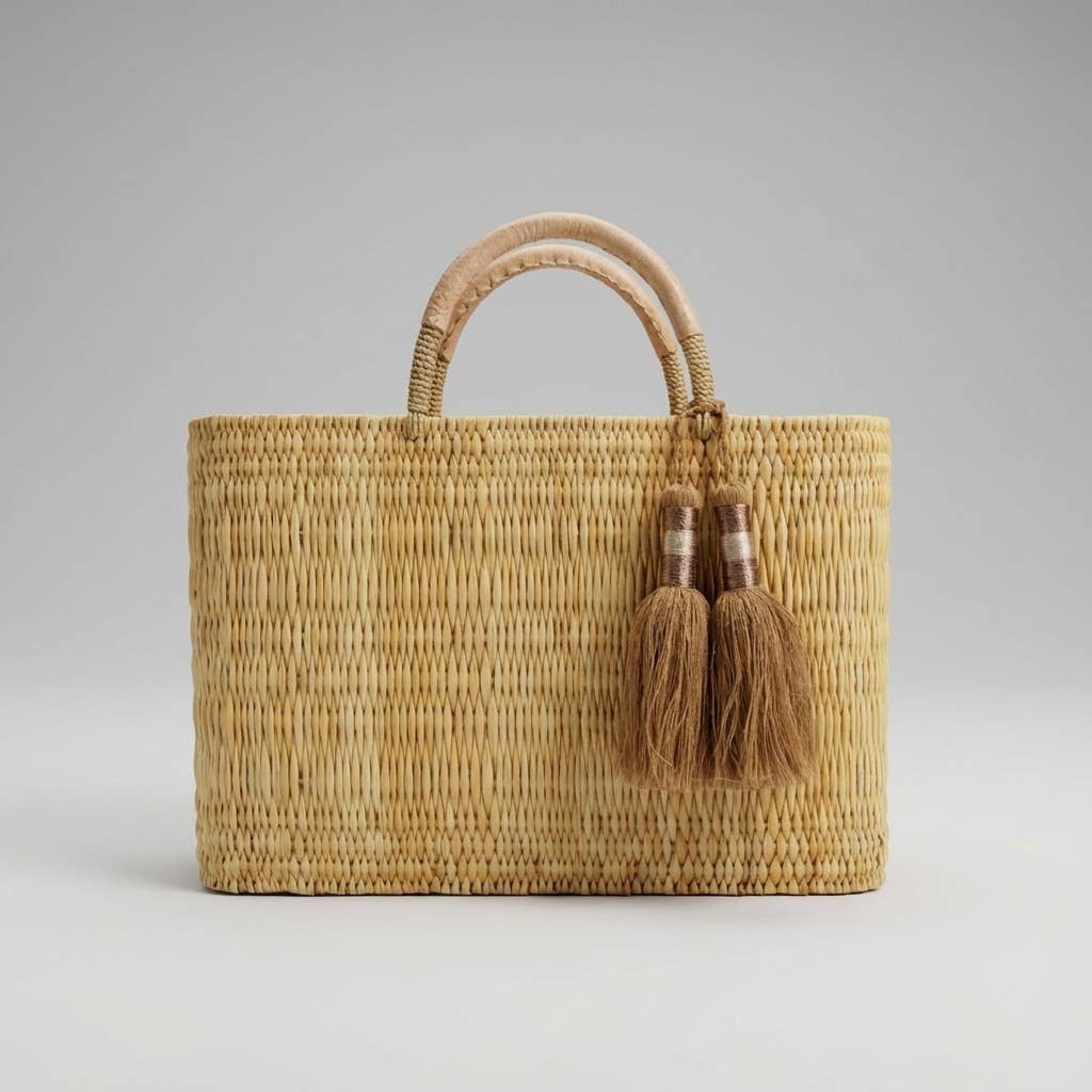 Woven Reed Market Basket - Leather Handles & Tassels