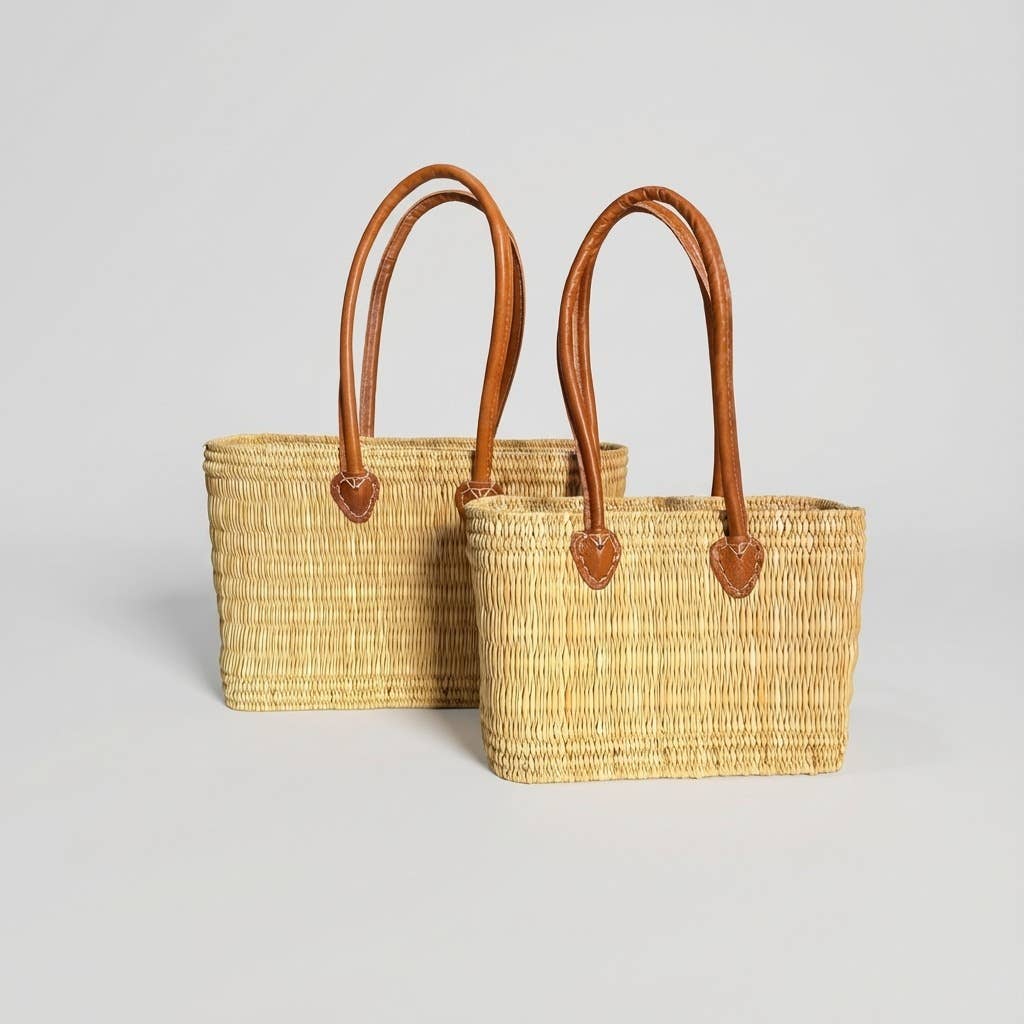 Reed Market Basket Leather Handles - Natural Woven Tote Bag
