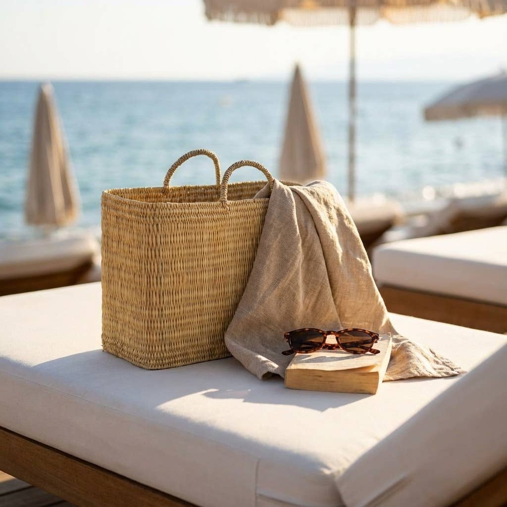 Natural Woven Reed Market Basket Tote - Boho Beach Style