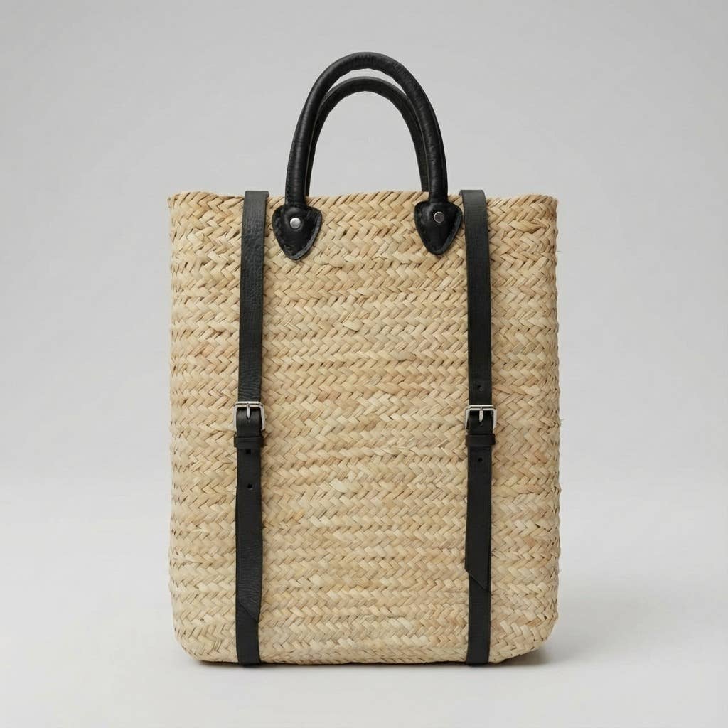 Woven Straw Backpack blue Leather Straps Boho Summer Bag
