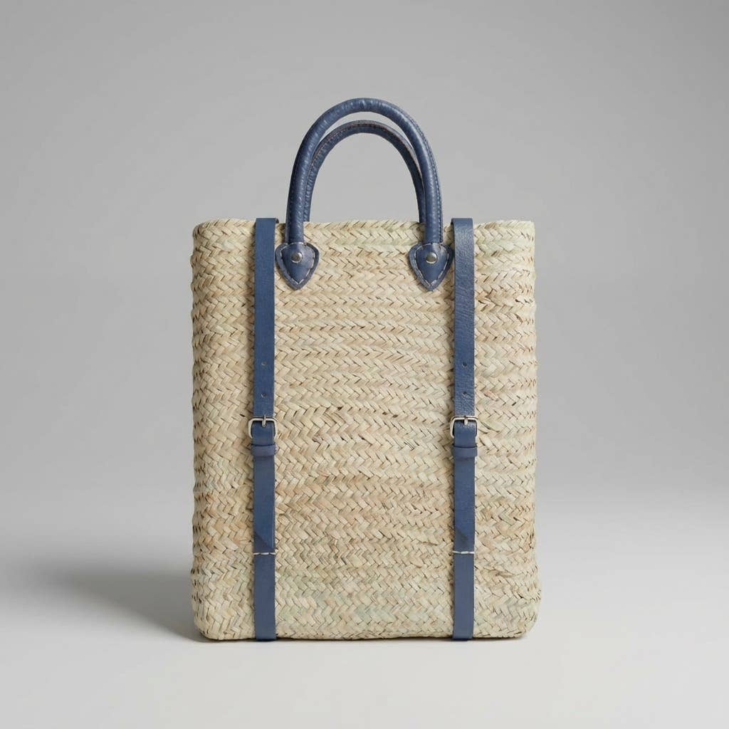 Woven Straw Backpack blue Leather Straps Boho Summer Bag