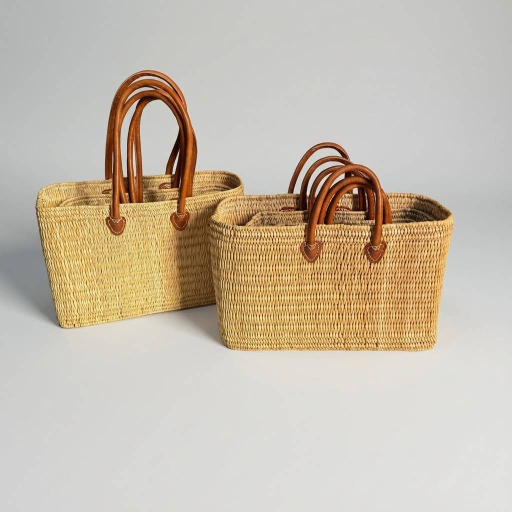 Reed Market Basket Leather Handles - Natural Woven Tote Bag
