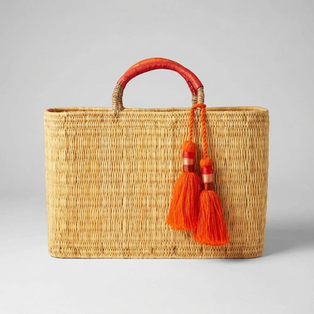 Natural Reed Tote Bag with Brown Tassels | Bohemian Handbag