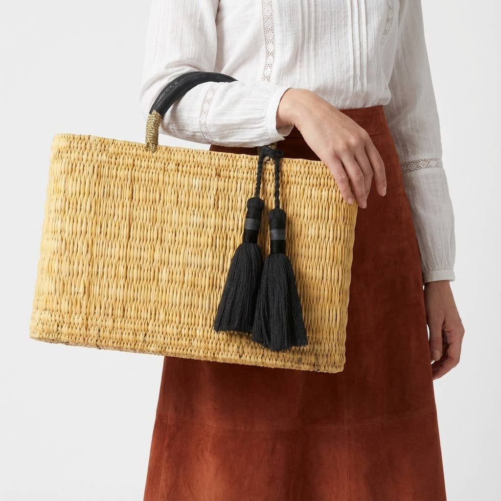 Natural Reed Tote Bag with Brown Tassels | Bohemian Handbag