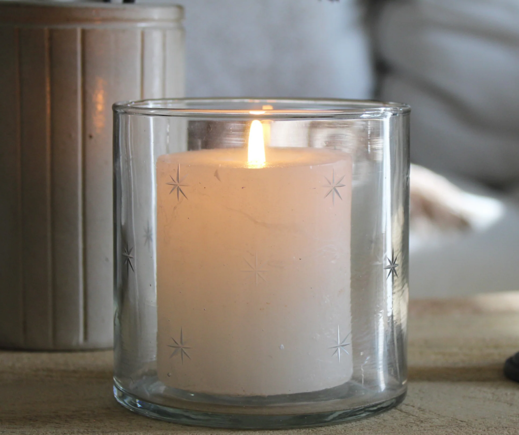 Small Etched Stars Glass Hurricane Lamp