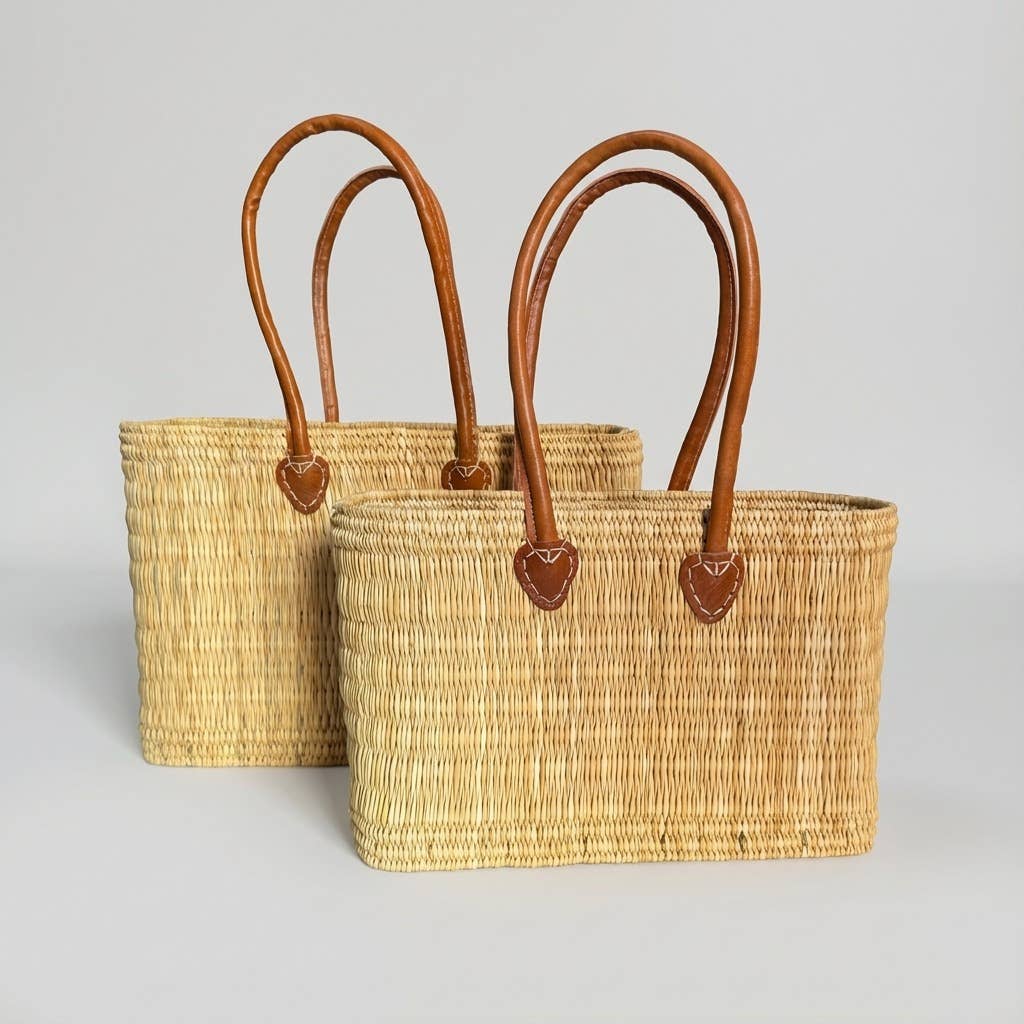 Reed Market Basket Leather Handles - Natural Woven Tote Bag