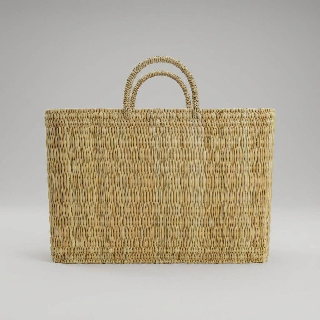 Natural Woven Reed Market Basket Tote - Boho Beach Style
