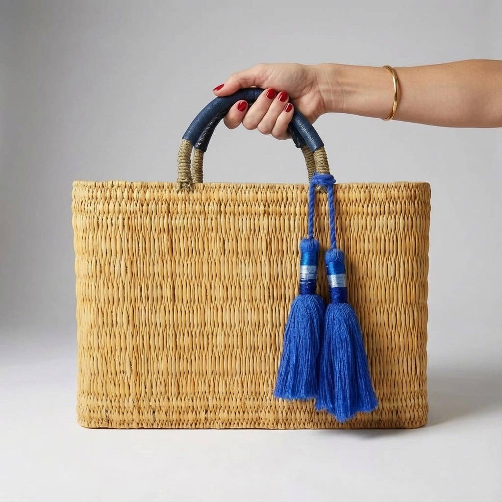Natural Reed Tote Bag with Brown Tassels | Bohemian Handbag