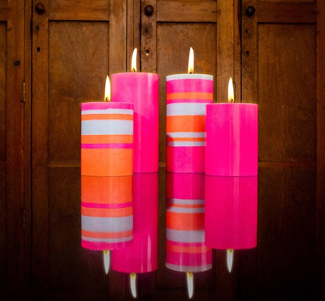 10 cm Small STRIPED Orange Flame, Willow & Neyron Pillar Candle