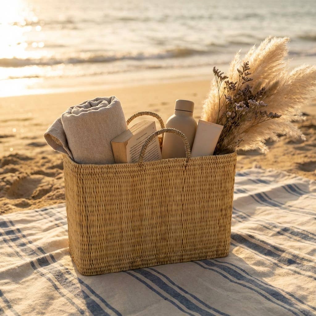 Natural Woven Reed Market Basket Tote - Boho Beach Style