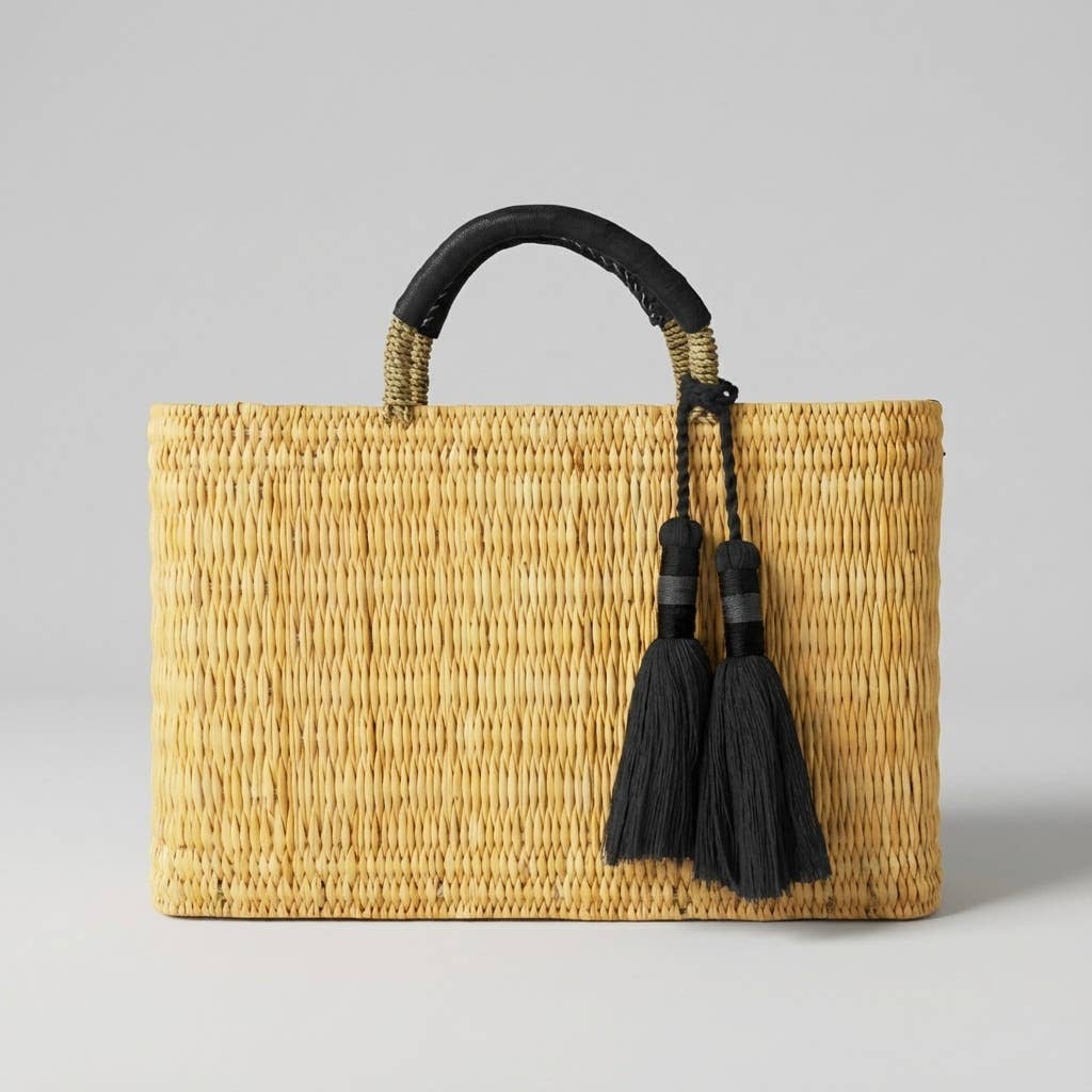 Natural Reed Tote Bag with Brown Tassels | Bohemian Handbag