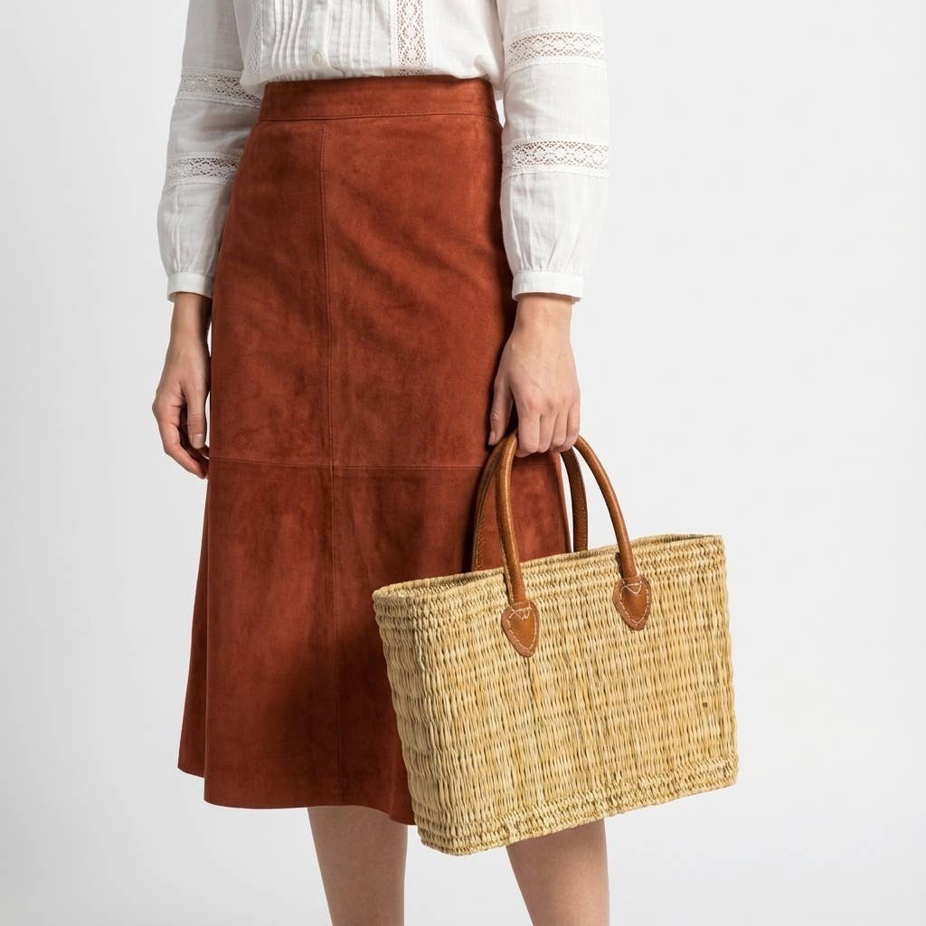 Reed Market Basket Leather Handles - Natural Woven Tote Bag