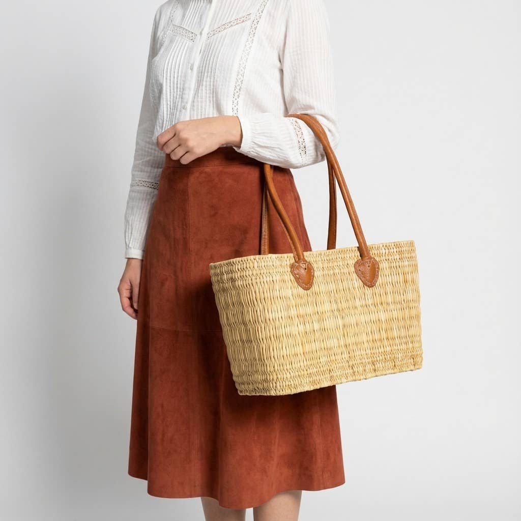 Reed Market Basket Leather Handles - Natural Woven Tote Bag