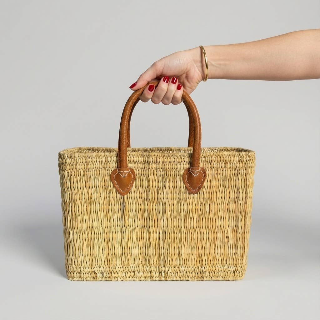 Reed Market Basket Leather Handles - Natural Woven Tote Bag