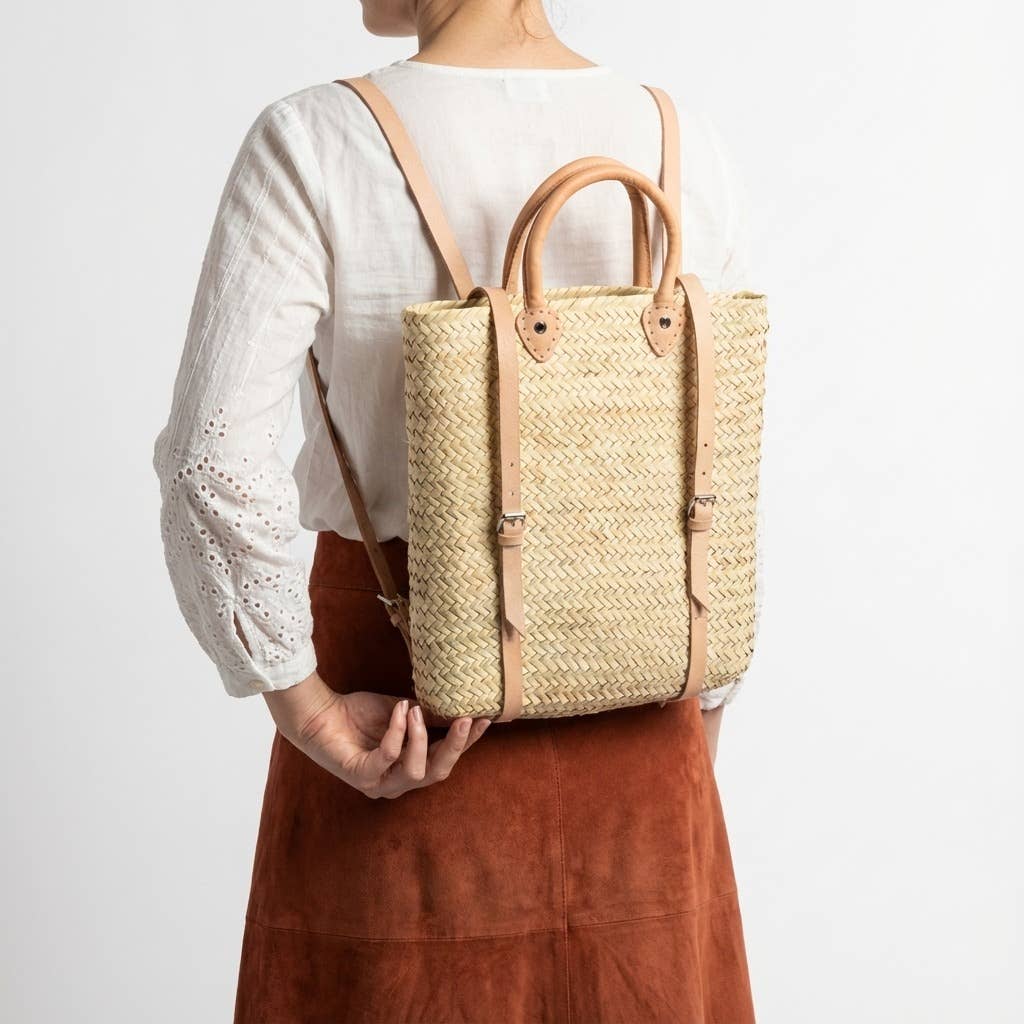 Woven Straw Backpack blue Leather Straps Boho Summer Bag