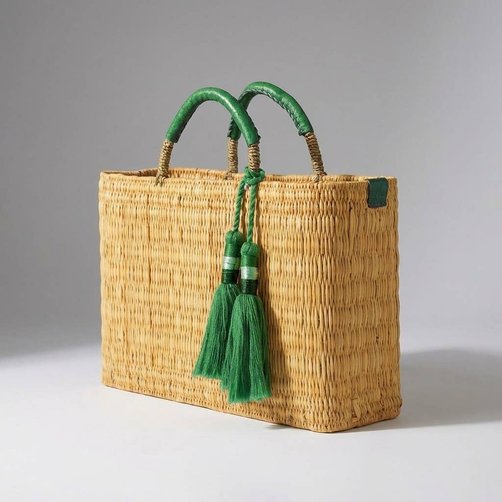 Woven Reed Market Basket - Leather Handles & Tassels