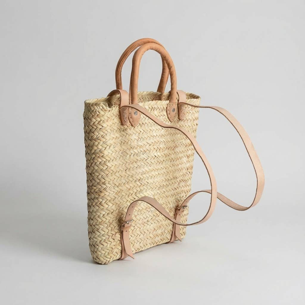 Woven Straw Backpack blue Leather Straps Boho Summer Bag