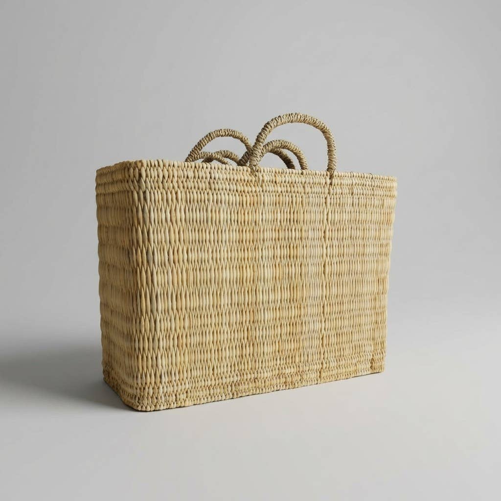 Natural Woven Reed Market Basket Tote - Boho Beach Style