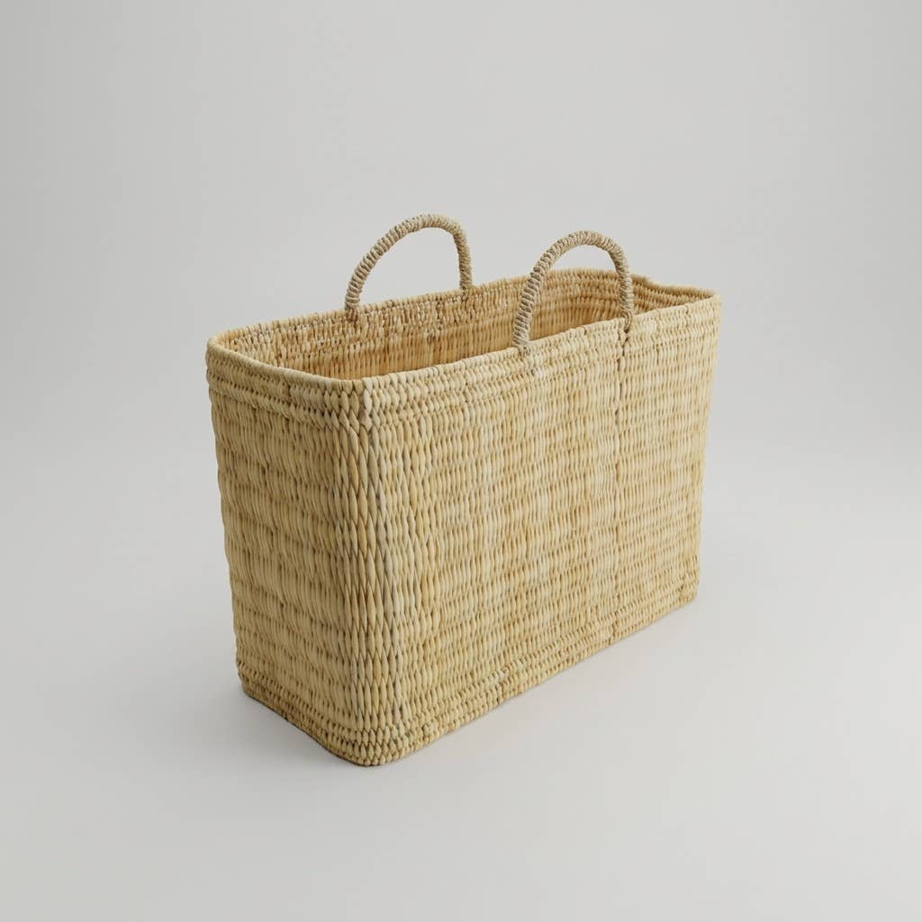 Natural Woven Reed Market Basket Tote - Boho Beach Style